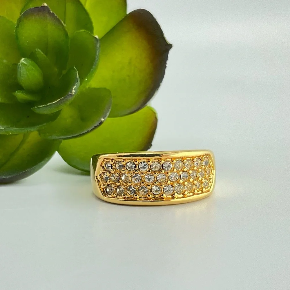 Elegant Gold Simulated Diamond Ring, 3 Rows of Dainty Sparkling Crystals